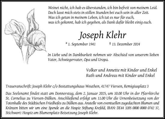 Traueranzeige von Joseph Klehr von Rheinische Post