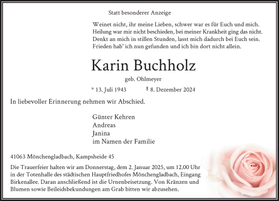 Traueranzeige von Karin Buchholz von Rheinische Post