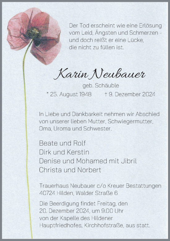 Traueranzeige von Karin Neubauer von Rheinische Post