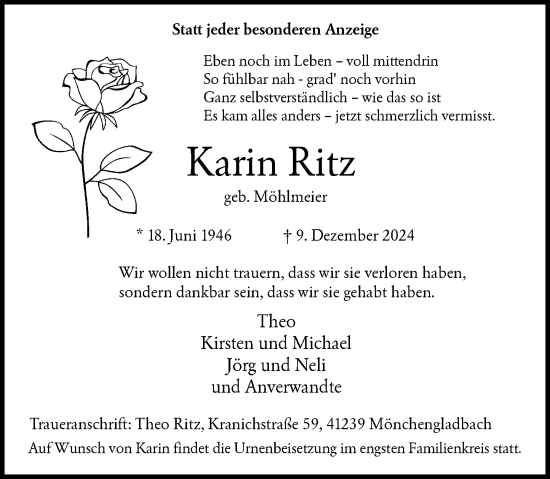 Traueranzeige von Karin Ritz von Rheinische Post