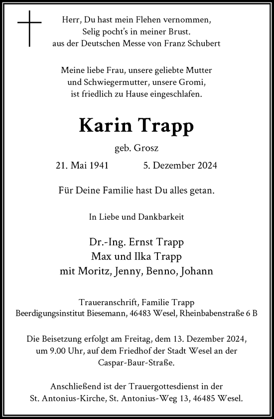 Traueranzeige von Karin Trapp von Rheinische Post