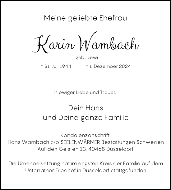 Traueranzeige von Karin Wambach von Rheinische Post