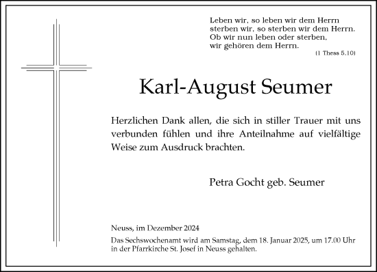 Traueranzeige von Karl-August Seumer von Rheinische Post