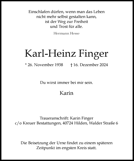 Traueranzeige von Karl-Heinz Finger von Rheinische Post