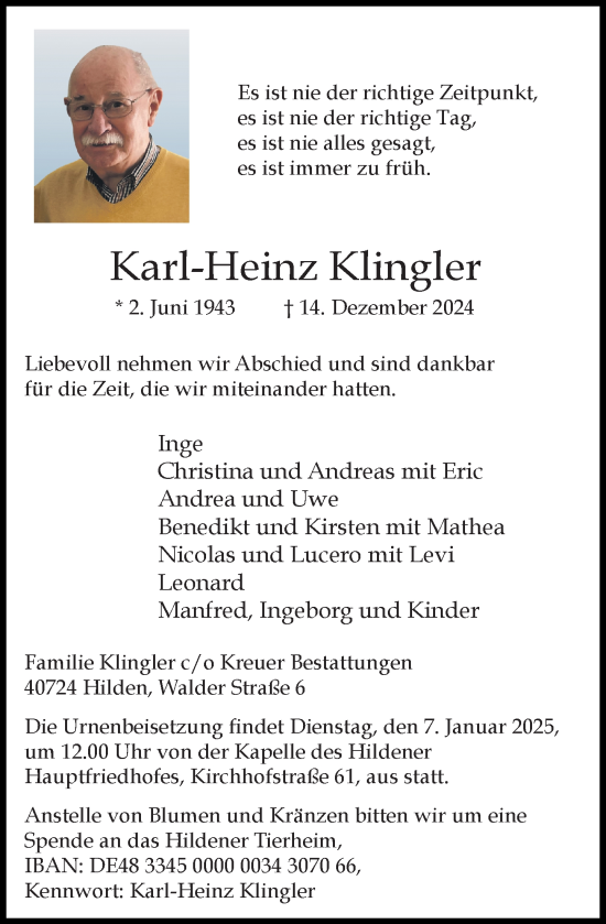 Traueranzeige von Karl-Heinz Klingler von Rheinische Post