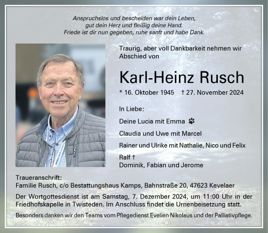 Traueranzeige von Karl-Heinz Rusch von Rheinische Post