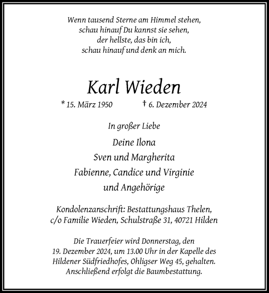 Traueranzeige von Karl Wieden von Rheinische Post