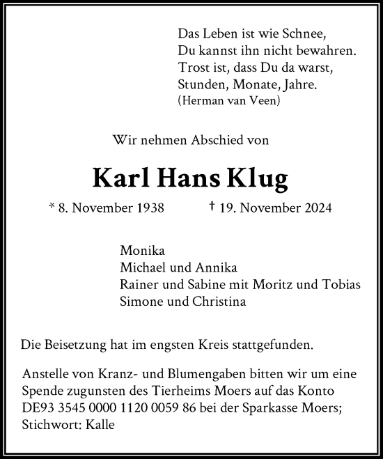 Traueranzeige von Karl Hans Klug von Rheinische Post