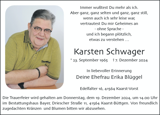 Traueranzeige von Karsten Schwager von Rheinische Post