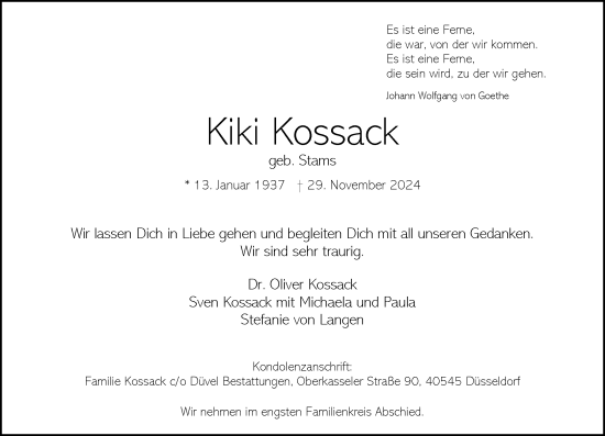 Traueranzeige von Kiki Kossack von Rheinische Post