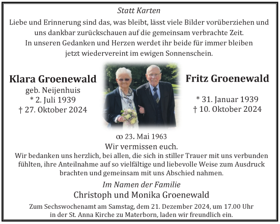 Traueranzeige von Klara und Fritz Groenewald von Rheinische Post