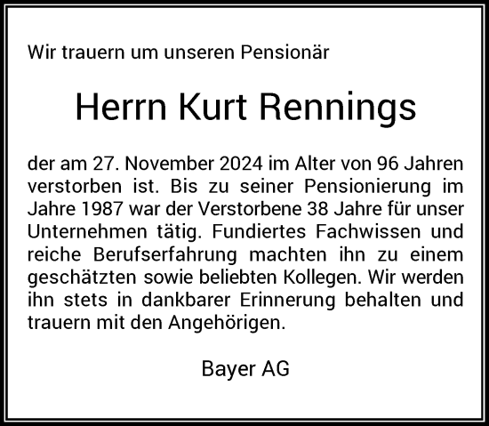 Traueranzeige von Kurt Rennings von Rheinische Post