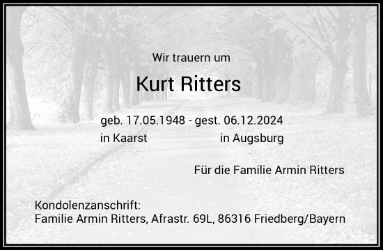 Traueranzeige von Kurt Ritters von Rheinische Post