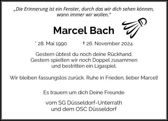 Traueranzeige von Marcel Bach von Rheinische Post