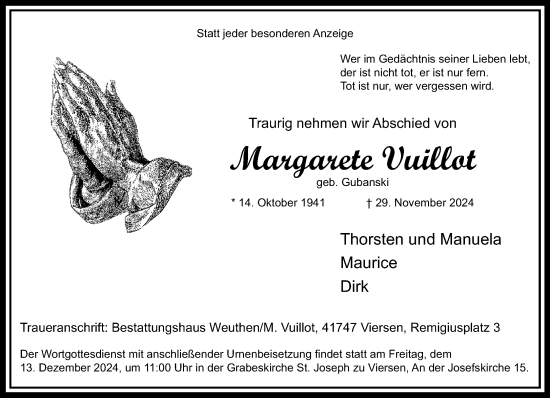 Traueranzeige von Margarete Vuillot von Rheinische Post