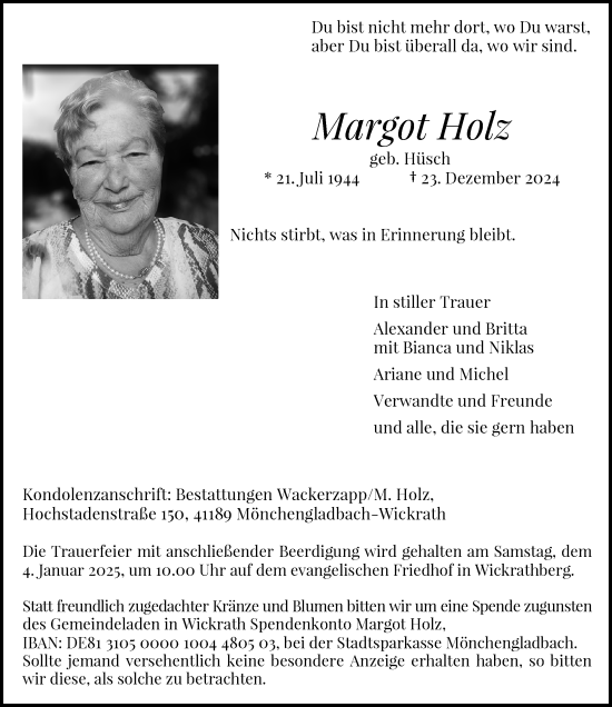 Traueranzeige von Margot Holz von Rheinische Post