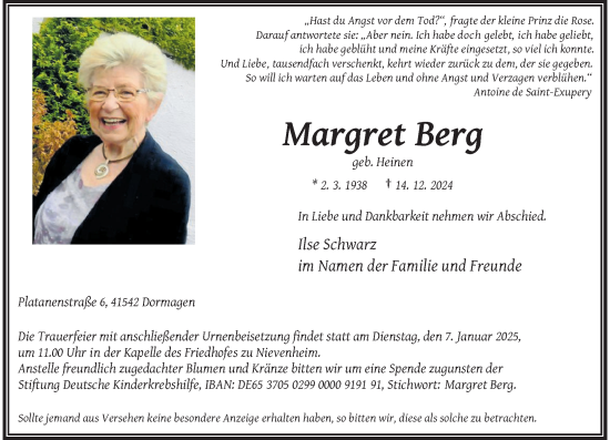 Traueranzeige von Margret Berg von Rheinische Post