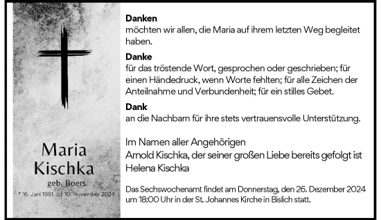 Traueranzeige von Maria Kischka von Rheinische Post