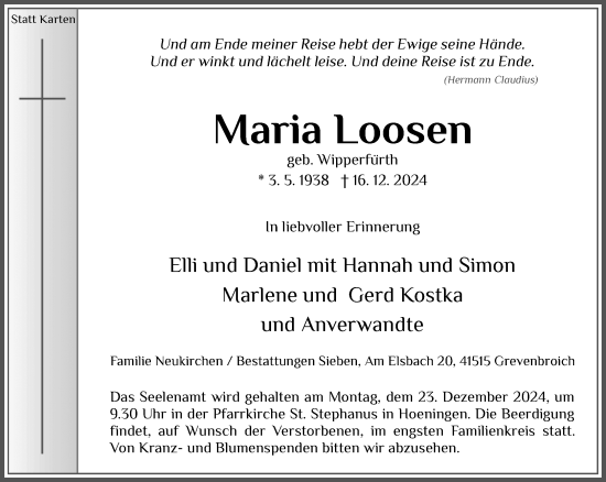 Traueranzeige von Maria Loosen von Rheinische Post