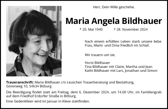 Traueranzeige von Maria Angela Bildhauer von Rheinische Post