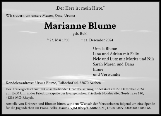 Traueranzeige von Marianne Blume von Rheinische Post