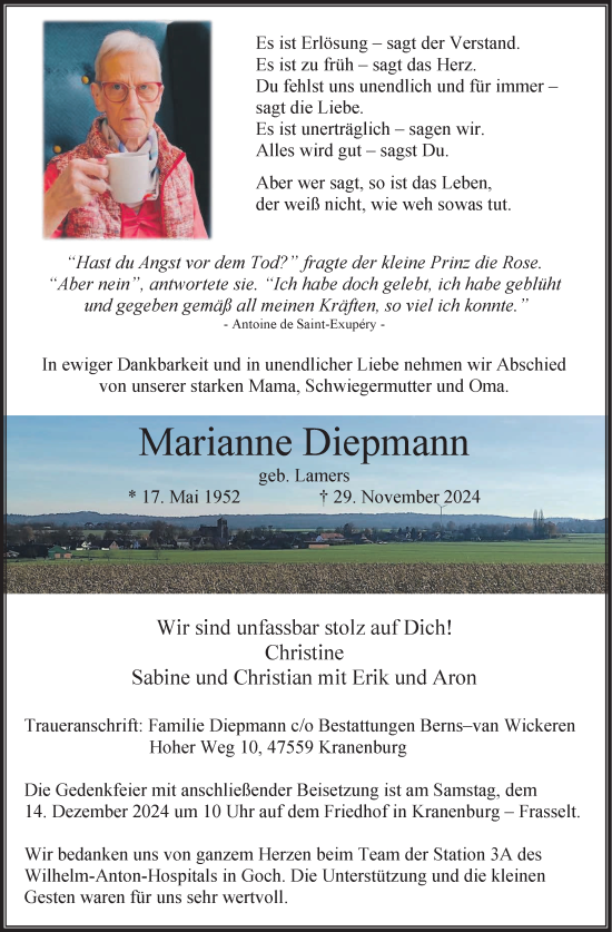 Traueranzeige von Marianne Diepmann von Rheinische Post