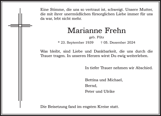 Traueranzeige von Marianne Frehn von Rheinische Post