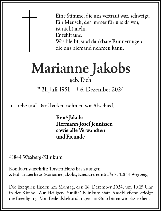 Traueranzeige von Marianne Jakobs von Rheinische Post