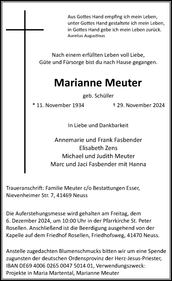 Traueranzeige von Marianne Meuter von Rheinische Post