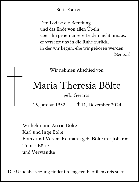 Traueranzeige von Maria Theresia Bölte von Rheinische Post