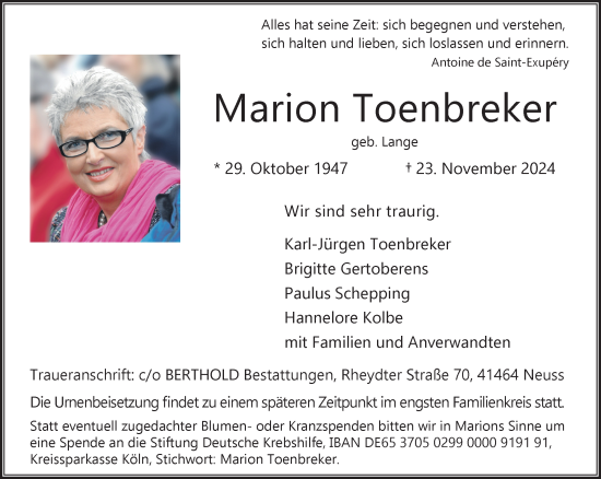 Traueranzeige von Marion Toenbreker von Rheinische Post