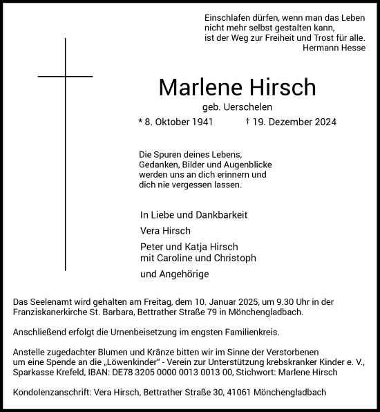 Traueranzeige von Marlene Hirsch von Rheinische Post