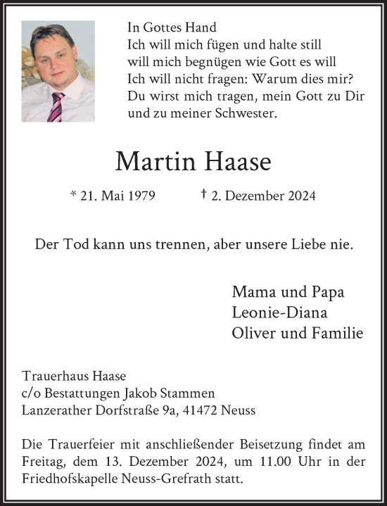 Traueranzeige von Martin Haase von Rheinische Post