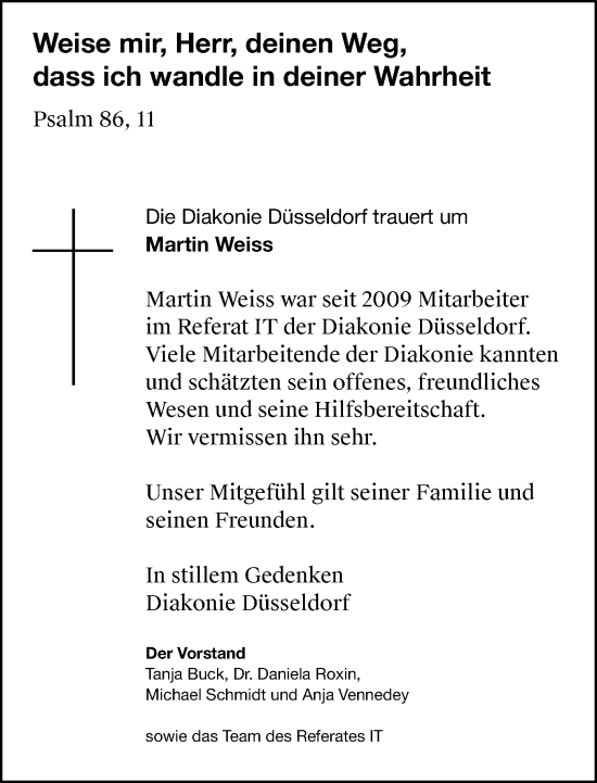 Traueranzeige von Martin Weiss von Rheinische Post