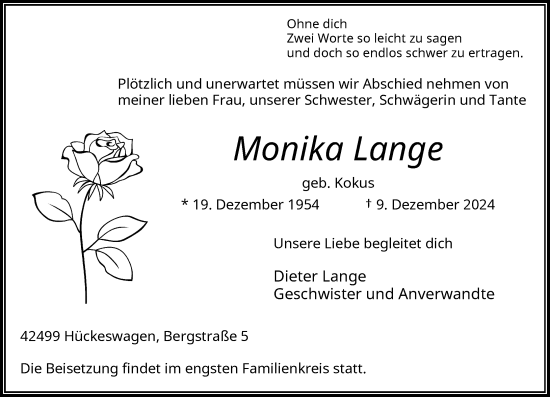 Traueranzeige von Monika Lange von Rheinische Post