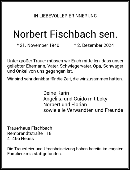 Traueranzeige von Norbert Fischbach von Rheinische Post