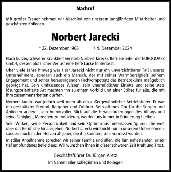 Traueranzeige von Norbert Jarecki von Rheinische Post