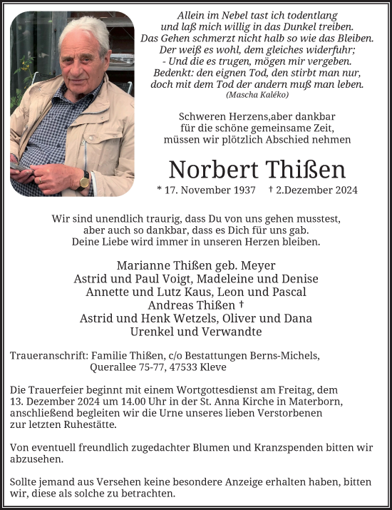 Traueranzeige von Norbert Thißen von Rheinische Post