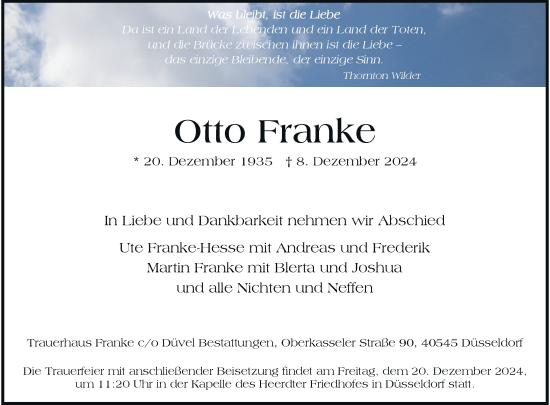 Traueranzeige von Otto Franke von Rheinische Post