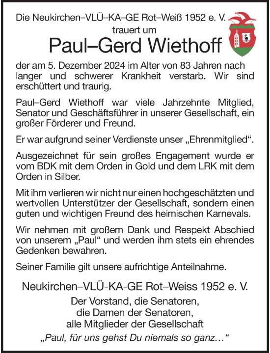 Traueranzeige von Paul-Gerd Wiethoff von Rheinische Post