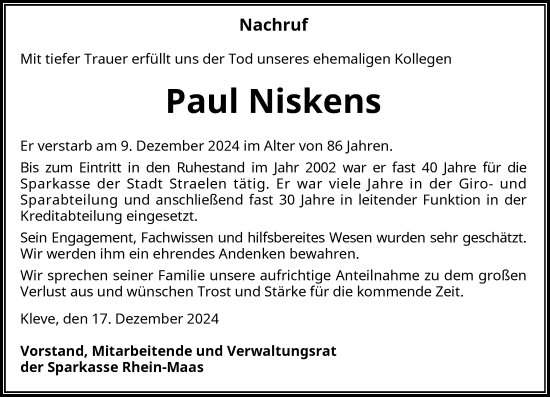 Traueranzeige von Paul Niskens von Rheinische Post