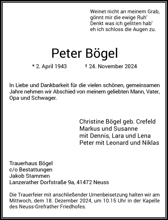 Traueranzeige von Peter Bögel von Rheinische Post