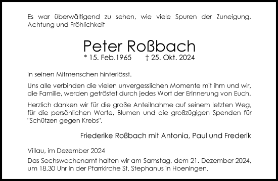 Traueranzeige von Peter Roßbach von Rheinische Post