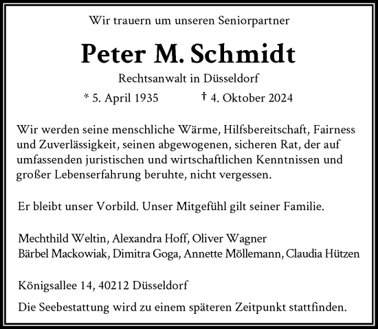 Traueranzeige von Peter M. Schmidt von Rheinische Post