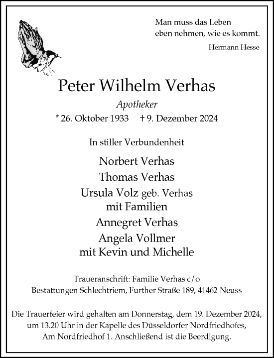 Traueranzeige von Peter Wilhelm Verhas von Rheinische Post