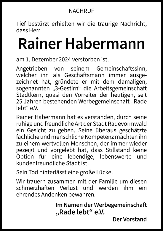 Traueranzeige von Rainer Habermann von Rheinische Post