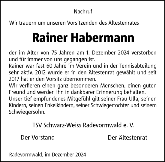 Traueranzeige von Rainer Habermann von Rheinische Post