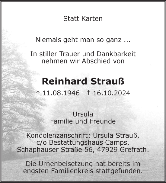 Traueranzeige von Reinhard Strauß von Rheinische Post