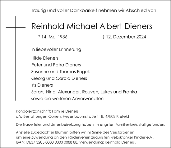 Traueranzeige von Reinhold Michael Albert Dieners von Rheinische Post