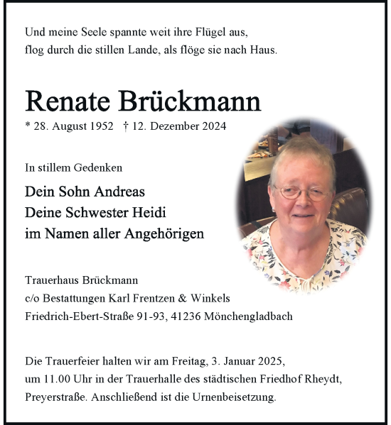 Traueranzeige von Renate Brückmann von Rheinische Post